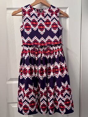 Oscar de la Renta Navy Dress with Red, White & Pink Ikat Motif